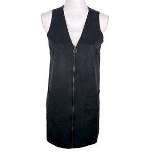 Naked Zebra Black Faux Suede Front Zipper Sleeveless Midi Dress Size Small